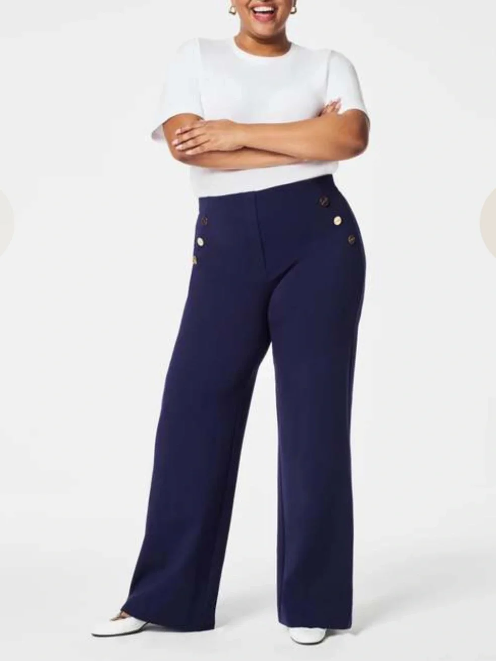 SPANX Ponte Button Front Wide Leg Pants Trousers Lapis Blue Sailor Nautical